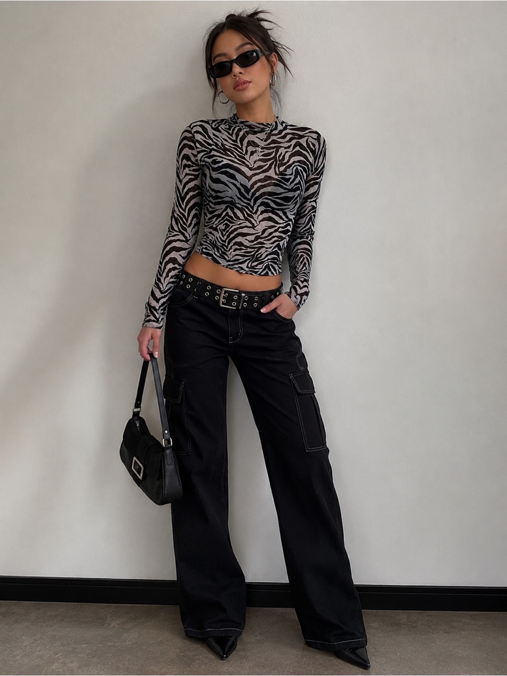 Y2K Zebra Print Sheer Long-Sleeve Top - Black & White - Size Small